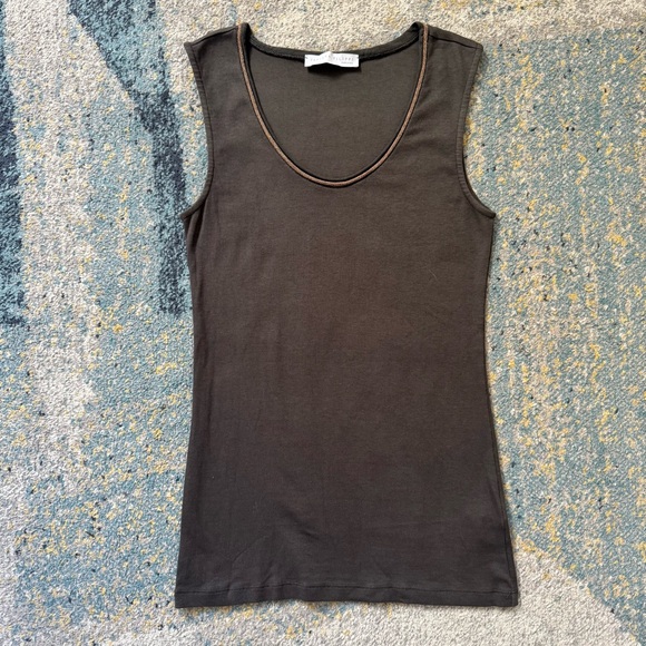 Fabiana Filippi Metallic Neckline Sleeveless Knit Top Taupe Brown Italian Luxury - Picture 3 of 9